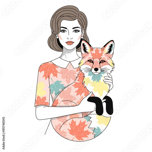 Woman Holding Colorful Fox Illustration
