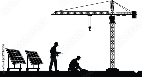Industrial Construction Site Silhouette Featuring Tower Crane, Engineers Installing Solar Panels, Sustainable Energy Infrastructure, Renewable Power Development, and Professional Worker Vectors