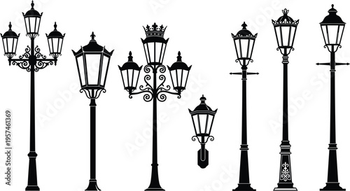 Vintage street lamp silhouettes collection, classic urban lighting design, decorative antique lantern set, outdoor illumination elements, architectural heritage style vector illustration