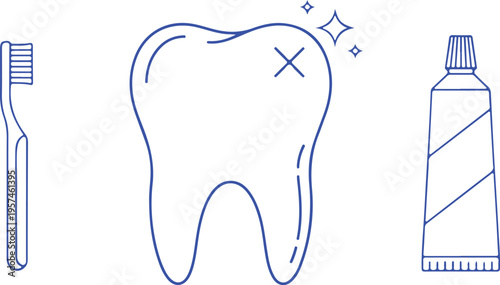 A blue outline illustration of a clean tooth with a toothbrush and a tube of toothpaste nearby isolated on transparent background, isolated on white background, Vector