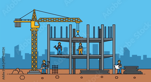 Construction site with workers building a structure.