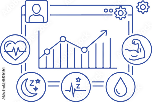A digital interface illustration featuring a progress chart surrounded by health tracking icons isolated on transparent background, isolated on white background, Vector