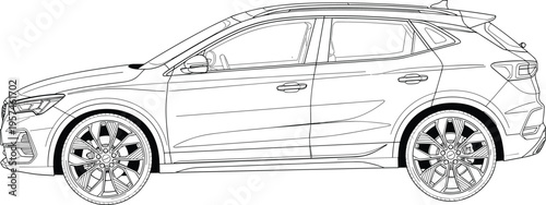 Modern SUV car technical drawing, side view outline vector illustration of a compact crossover vehicle for automotive design and coloring,