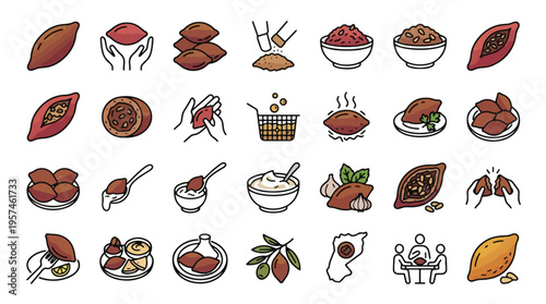 Kibbeh Icon Set in Line Style. A collection of kibbeh linear icons, including fried meatball, bulgur, meat, cooking, recipes, ingredients, and more. Editable stroke vector graphics.