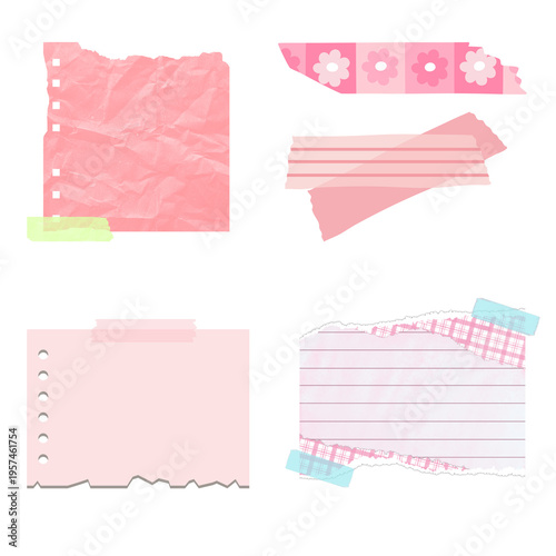 Pink torn paper notes and decorative tape elements for scrapbooking and crafts