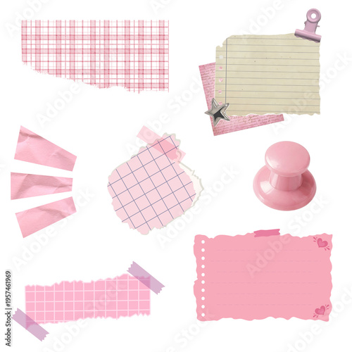 Vibrant collection of pink stationery elements, featuring torn paper scraps, decorative notes, and cute accents for creative projects and scrapbooking designs