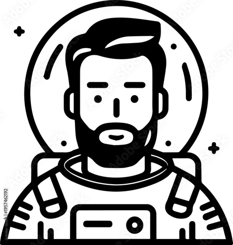 Hand Drawn Male Astronaut Black and White Avatar Illustration in Minimal Line Art Style Design