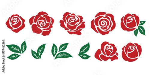 Set of decorative red rose with leaves. Flower silhoutte. A Vector illustration design. 
