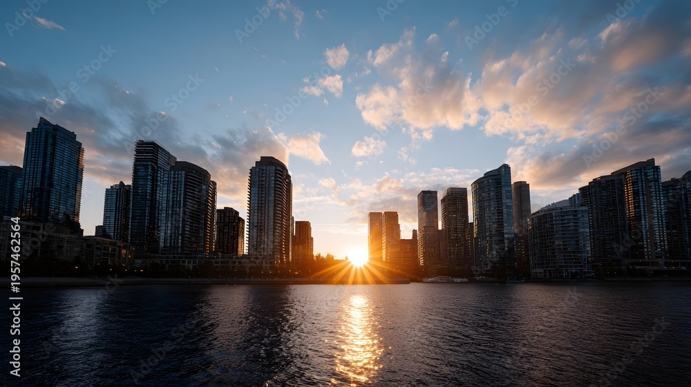 Fototapeta premium A vibrant sunset illuminates a modern city skyline casting golden light across the water
