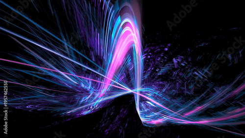 Lines in bright colors move and curve, creating a digital design. background is dark, and the scene has a sense of depth and motion. This happens during the late night. 3d render