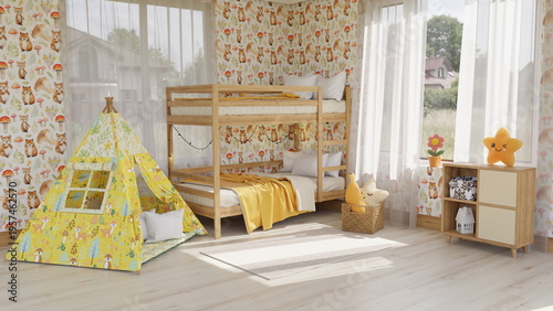 This room features a wooden bunk bed on one side and a yellow tent on the other. Soft toys are arranged around. Sunlight comes through the large windows, brightening the space. 3d render