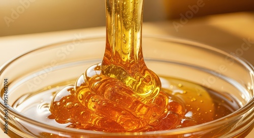 Thick golden honey stream cascades into a clear glass bowl, macro, food concept