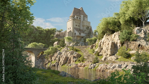 castle sits on a rocky hill beside a flowing river. Green trees surround the area. Bright blue sky shows few clouds. scene feels like a quiet moment in nature. 3d render