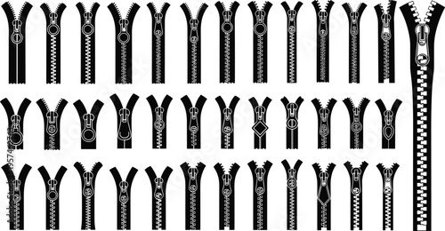 Zipper collection with multiple styles and sliders, sewing accessories vector illustration set, clothing fasteners design elements, detailed black silhouettes, isolated on light background