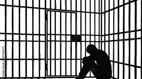 prisoner silhouette, jail cell, incarceration, crime, punishment, prison bars, isolation, depression, justice, criminal, detention, custody, law, security