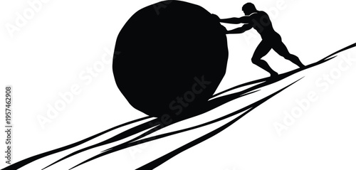 man pushing rock uphill silhouette, perseverance struggle concept, hard work determination motivation vector illustration isolated on white background design