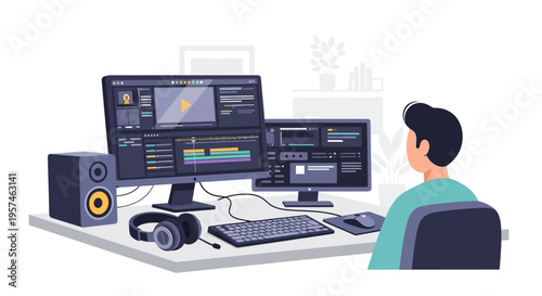 Professional Video Editor Working on Dual Monitors with Editing Software in a Modern Creative Workspace - Digital Content Creation