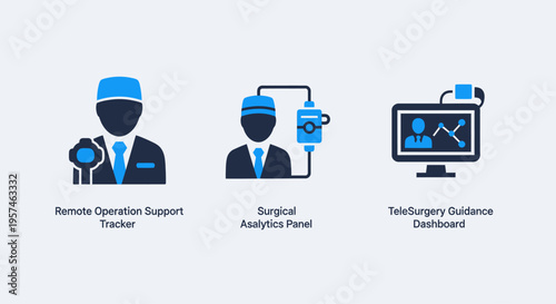 Medical technology icons: surgeon, iv drip, and telemedicine dashboard. healthcare, remote assistance, and data analysis
