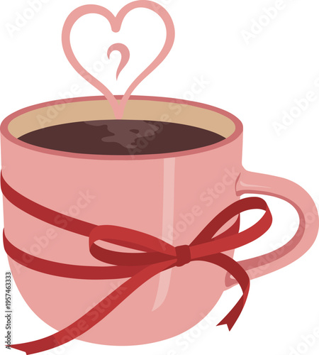 Pink coffee cup with red ribbon bow and heart steam, romantic hot beverage illustration for Valentine Day and anniversary design