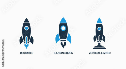 Rocketship icons: reusable, launching, and vertical ascent. startup growth, business expansion, and project momentum