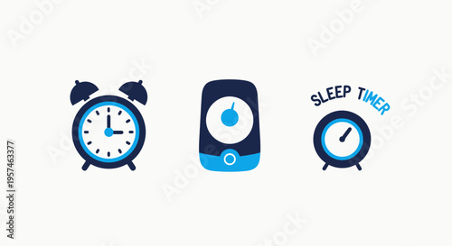 Alarm clock and sleep timer icons: timekeeping, scheduling, and wake-up functionality. routine, time management, and personal productivity, wake up