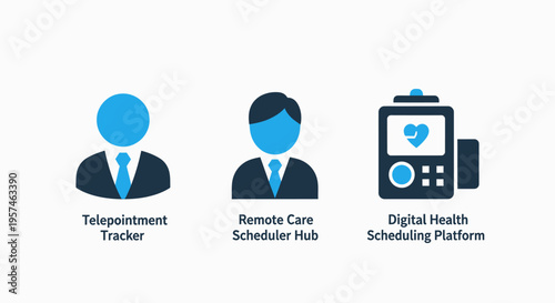 Healthcare technology icons: patient, doctor, and digital health platform representing telemedicine, remote care, and scheduling solutions