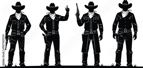 Black cowboy silhouettes set with revolvers and hats, western outlaw gunfighter poses collection, wild west character vector icons isolated white.