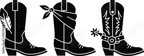 Black cowboy boots silhouette set with feather, bandana, and spur details, western footwear vector icons collection isolated on white background.