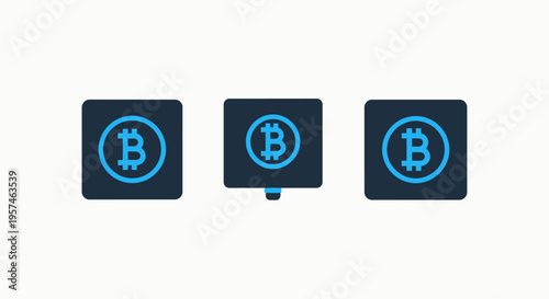 Three digital icons featuring the bitcoin symbol, representing cryptocurrency, digital currency, blockchain technology, and online financial transactions