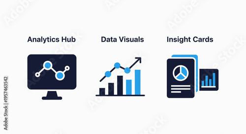 Analytics hub, data visuals, and insight cards icons for business intelligence and reporting