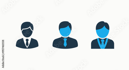 Set of business person icons in blue and dark tones, representing professionals, employees, colleagues, and corporate team members