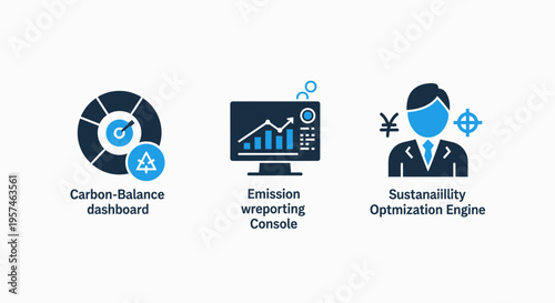 Icons for business analytics and sustainability: carbon balance dashboard, emission reporting console, and sustainability optimization engine