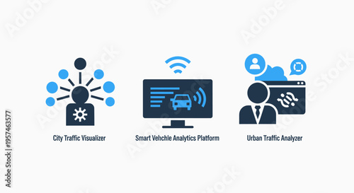 Smart city icons: traffic flow, smart traffic system monitor, and AI for traffic control, representing urban mobility, iot, and transportation technology