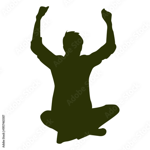 Man sitting raising hands