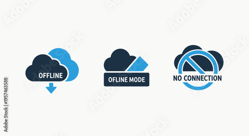 Offline cloud icons: cloud computing, no internet connection, offline mode, limited access, digital communication icons