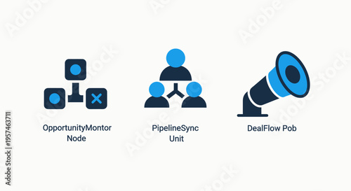 Business development icons: opportunity matrix, teamwork structure, and job search telescope, representing strategy and career planning