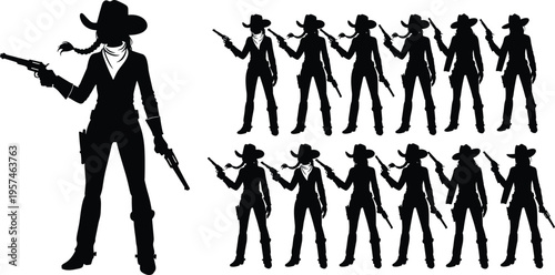 Cowgirl silhouettes set with revolvers and hats, western woman gunfighter poses collection, wild west female outlaw vector icons isolated white.