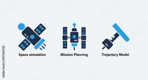 Space technology icons: satellite, mission planning module, and trajectory model for aerospace and science, white background