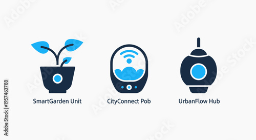 Smart city technology icons: urban growth hub, connected garden unit, and smart city network device, white background