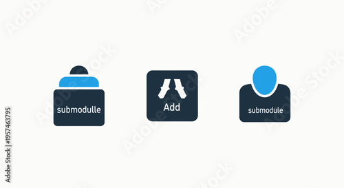 Abstract technology icons: submodule, add function, and reference symbols for software and data management, white background