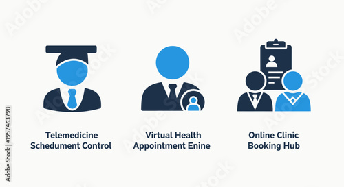 Healthcare technology icons: telemedicine appointment scheduling, virtual health, and online clinic booking hub, white background