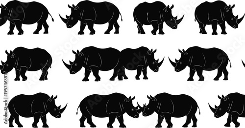 Rhinoceros silhouettes set, various african rhino walking and standing poses, safari wildlife animal vector icons collection isolated on white background.