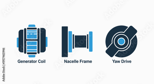 Renewable energy icons: generator coil, nacelle frame, and yaw drive. represents wind turbine components, power generation, and sustainable technology in the energy sector