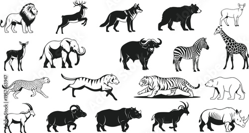 Wild animal silhouettes set, safari elephant, lion, tiger, zebra, giraffe and rhino vector icons collection, nature wildlife elements isolated on white.