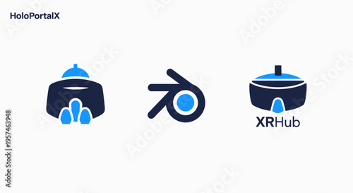 Vr headset, blender 3D software logo, and xr hub icons representing virtual reality and extended reality technologies and platforms