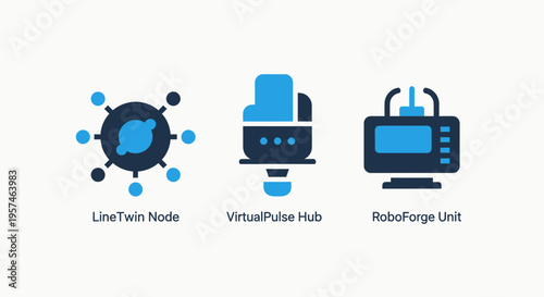 Livetrain node, virtual hub, and future hub icons: networked systems and data centers illustrating connectivity and technology infrastructure, real time