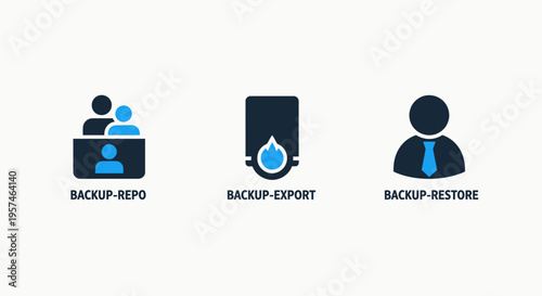 Data backup and restore icons: backup export, data storage, and recovery process for digital information security and cloud services