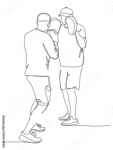 2 men at boxing practice. Left one in gloves and ready to kick. Continuous line drawing. Vector illustration in line art style. Editable stroke.