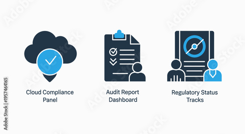 Compliance and regulatory icons: cloud compliance panel, audit report dashboard, and regulatory status tracker for business and legal