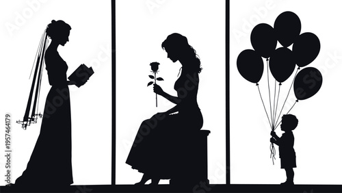Romantic silhouette scenes of bride reading, woman with rose, and child holding balloons, black vector figures isolated on white background for love, wedding, and lifestyle design